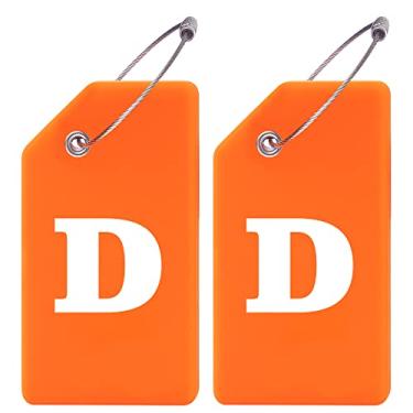 Imagem de Gostwo Pacote com 2 etiquetas de bagagem de silicone para malas, 26 etiquetas de bagagem com letras iniciais bolsa escolar mala instrumento etiqueta com laço de aço inoxidável (laranja) (letra D)