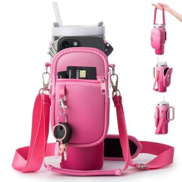 Imagem de linmaya Bolsa de transporte para garrafa de água com bolso para celular Stanley Cup 100 ml, suporte térmico de neoprene para garrafa de água, bolsa transversal com ombro ajustável e alça de mão