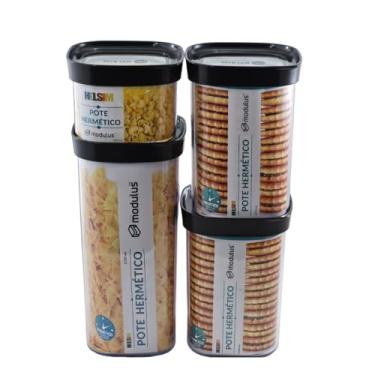 Imagem de Kit 4 Pote Hermético Quadrados Mantimentos Cozinha Acrílico 450ml,(2)1000ml, 1500ml Empilhamento em Armário (Preto)