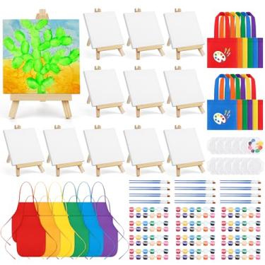 Imagem de Aneco Pacotes Com 12 Mini Telas De 4 X 4 Polegadas Para Pintura Com Cavaletes, Aventais, Sacolas De Lona, Pincéis, Paletas, Pequena Arte, Conjunto De Pintura Em Tela Esticada, Kit De Suprimentos Par