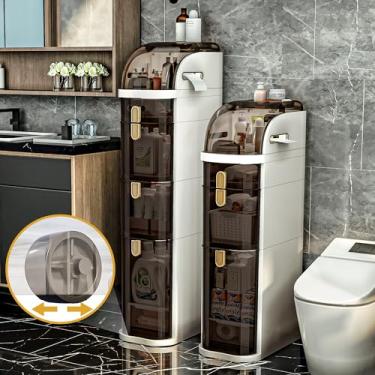 Imagem de IYINIYI Armário de armazenamento fino de banheiro de 3 camadas com gavetas e caixa de lenços, carrinho de torre de banheiro estreito de plástico à prova d'água e sem instalação para pequenos espaços,