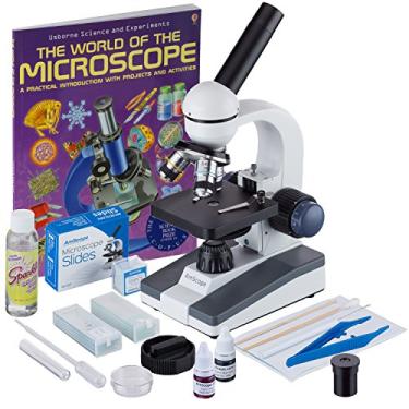 Imagem de Microscópio AmScope 40X-1000X sem fio para estudantes com kit de preparação de deslizamento e o World of The Microscope Book M150C-SP14-CLS-50P100S-WM