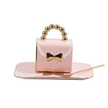 Imagem de Ynsfree Conjunto de canecas de café e colar de bolsa de cerâmica xícara de chá exclusivo em forma de saco de caneca e pires com colher para mulheres presentes de Natal (rosa)