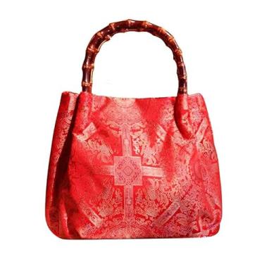 Imagem de Bolsa de mão, brocado vermelho canção, alça de bambu feita à mão, bolsa estilo vintage, presente para mãe, namorada, Vermelho