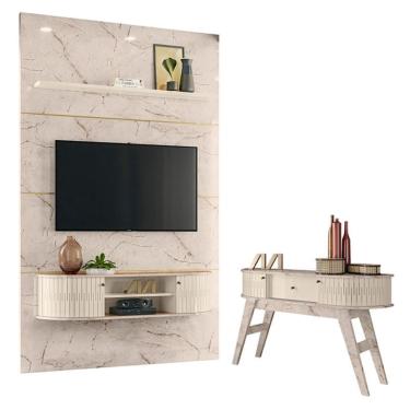 Imagem de Estante Home Theater com Bancada Suspensa Monte Carlo com Aparador Estoril Calacata Off White – Madetec