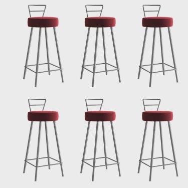 Imagem de Kit 06 Banqueta Alta Com Encosto Tina Eiffel Cozinha Bar Bistrô Ferro Cinza Corino Vermelho - Ahz Móveis