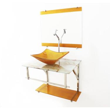 Imagem de Gabinete De Vidro 60Cm Cuba Quadrada Mármore Branco Dourado