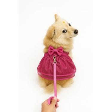 Imagem de Coleira Peitoral Pet Gato Cachorro Com Saia e Laço Vestido Roupa Passeio (G)