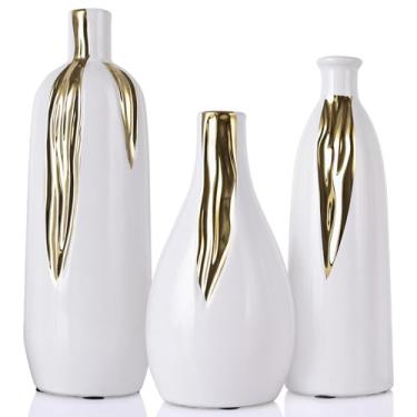 Imagem de Conjunto de 3 vasos de cerâmica, vasos brancos e dourados para decoração de casa, vasos decorativos para cornija, prateleira e decoração de entrada, centros de mesa de jantar, salas de estar, lareiras