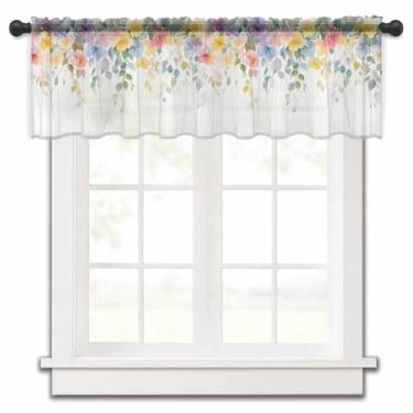 Imagem de Cortinas transparentes para janelas de cozinha, sanefas de janela de flores silvestres em aquarela, pastoral primavera verão transparente tratamento de janela sanefa para cozinha/quarto/banheiro (137