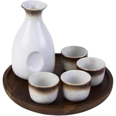 Imagem de Conjunto De Saquê Japonês Garrafa De Saquê De Cerâmica E Copos De Saquê Com Bandeja De Madeira Para Casa Ou Restaurante, Round Tray Large 1 Pot 4 Cups (Mocha)