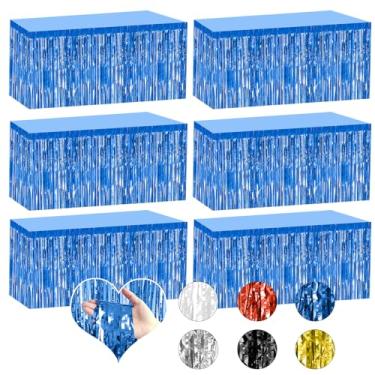 Imagem de Bouiexye Pacote com 6 saias de mesa com franja azul de 75 x 272 cm, saias de mesa descartáveis para mesas retangulares, cortinas, pano de fundo, desfile, boias de casamento, chá de bebê, aniversário,