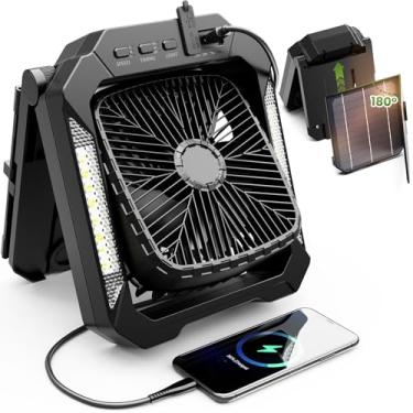 Imagem de Ventilador solar recarregável de 26800 mAh com lanterna LED, ventilador portátil sem fio com painel solar dobrável de 18 W, 3 velocidades, temporizador, silencioso, alimentado por bateria USB-C para