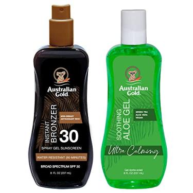 Imagem de Australian Gold Gel protetor solar FPS 30 com bronzeador + gel calmante pós-sol Aloe Vera, alívio de queimaduras solares hidratante e spray de protetor solar UVA/UVB de amplo espectro, resistente à