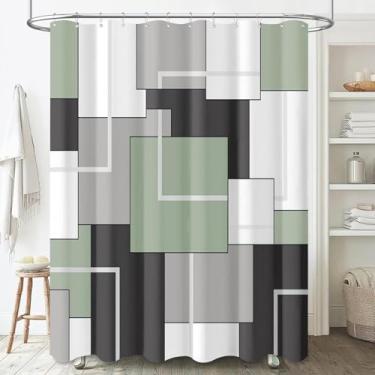 Imagem de BTTN Cortina de chuveiro geométrica – Conjunto de cortina de chuveiro de tecido estreito pequeno de 152 x 182 cm com 10 ganchos de plástico, bainha pesada, cortinas de chuveiro decorativas modernas de