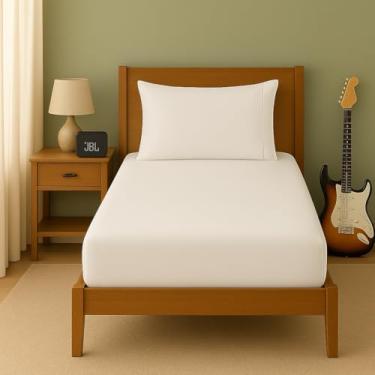 Imagem de Lençol Solteiro 2 Peças 600 Fios 100% Algodão Percal com Fronha e Ponto Palito – Toque Macio e Acabamento Elegante (Branco)