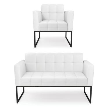 Imagem de Kit 1 Sofá Namoradeira E 1 Poltrona Elisa Corino Branco Base Metálica Industrial Preto - D'rossi