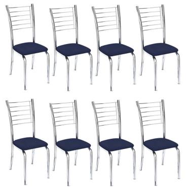 Imagem de Kit 8 Cadeiras De Jantar Lara Cromada Para Cozinha Assento Corino Azul Marinho - Aurora...