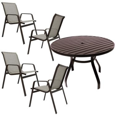 Imagem de Conjunto De Mesa 1,20m Ripada + 4 Cadeiras Aluminio Piscina Jardim Bege Claro