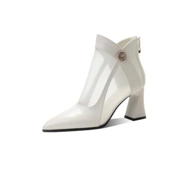 Imagem de TinaCus Bota feminina feita à mão de couro e malha corte em V bico fino com zíper nas costas, Bege, 34