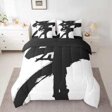 Imagem de Feelyou Conjunto de edredom abstrato branco e preto com lençóis, arte abstrata, 7 peças, King, adulto, moderno, minimalista, linha de tinta, cama em uma bolsa