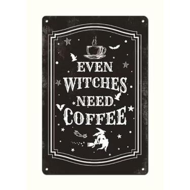 Imagem de Even Witches Need Coffee - Decoração de cozinha de bruxa de 30,5 x 20,5 cm, decoração de cafeteria, placa de café de bruxa, decorações vintage de Halloween para casa interna