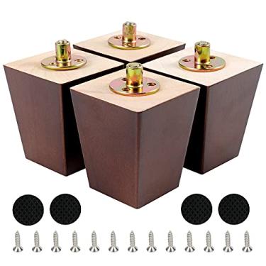Imagem de Conjunto de pernas de madeira para móveis quadrados de 4 meados do século moderno sofá cama cadeira café mesa pés nogueira com parafusos pré-perfurados de 5/16 polegadas e almofadas de borracha (4" / 10 cm, nogueira)