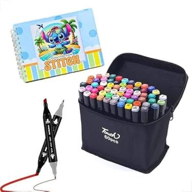 Imagem de Kit Livro De Colorir Stitch Capa Dura + Canetinhas Coloridas Touch Marca Texto De 24 a 80 Cores e Tamanhos, Ponta Dupla (0,1mm e 6,0mm) – ideal para traços finos e áreas grandes (Livro + 36 Canetas)