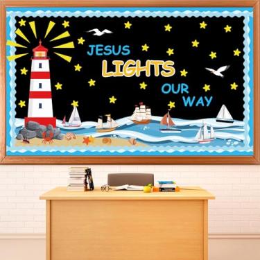 Imagem de Conjunto de decoração de quadro de avisos religiosos cristãos com recortes de luzes de Jesus, versículo da Bíblia, Farol, decoração de sala de aula para decoração inspiradora de volta às aulas igreja