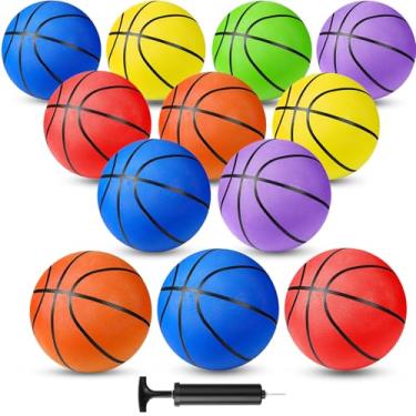Imagem de Pacote com 12 bolas de basquete de borracha, tamanho oficial, para ambientes internos e externos, 6 cores com bomba para adultos, jovens, meninos, meninas, fora da cesta, prática de treinamento (tamanho 6, 72 cm)