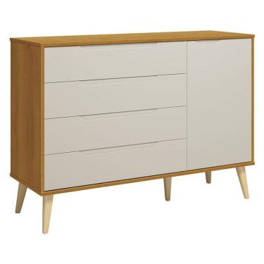 Imagem de Cômoda com Porta Retrô Elfe 4 Gavetas em MDF com Puxadores Embutidos Bege Natural para Quarto Infantil