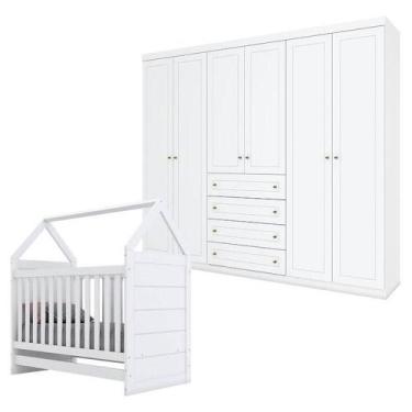 Imagem de Berço Montessoriano E Guarda Roupa Infantil Americano 6 Portas Branco 