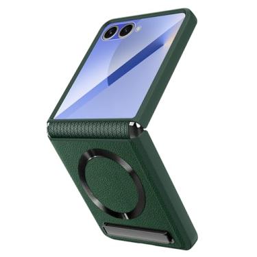 Imagem de POYUFRG Capa magnética para Samsung Galaxy Z Flip 7, capa de proteção fina de couro com dobradiça de tela com suporte invisível, capa com tudo incluído, verde, Z Flip 7
