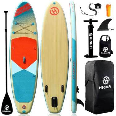 Imagem de Highpi Tabuleiro inflável de stand up paddle, 28 x 83 x 15 cm, acessórios e mochila premium SUP, ampla posição, controle de surfe, deck antiderrapante, coleira, remo e bomba, barco em pé para jovens e adultos