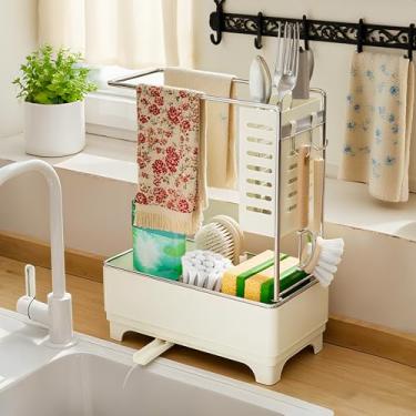 Imagem de Suporte de esponja para pia de cozinha, organizador de pia de 2 camadas com orifícios de drenagem e ganchos, comporta pano de prato, esponja e escovas, armazenamento de bancada de cozinha para novos