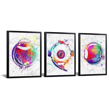 Imagem de KREATIVE ARTS 3 peças de arte de parede em tela de anatomia dos olhos abstrato aquarela pôster optometria decoração de escritório colorido conjunto de pintura gráfico de olhos para consultório médico