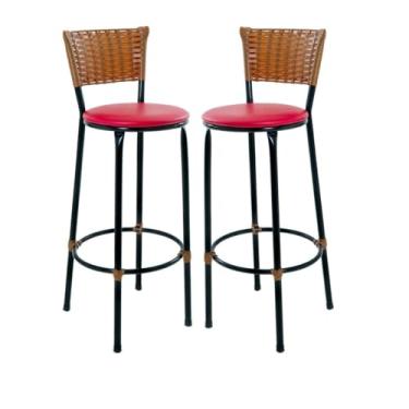 Imagem de Kit 2 Banquetas Cadeiras Altas Bistrô Encosto em Junco Imbuia Para Bancadas, Cozinhas e Áreas externas (VERMELHO)