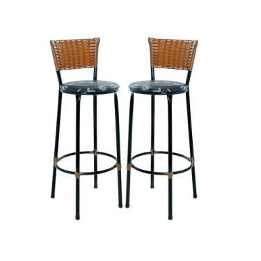 Imagem de 2 Banquetas Altas com Encosto, 93cm Altura, Fibra Sintética, Cor Imbuia, Assento 70cm, Estilo Moderno (PRETO FLORIDO)