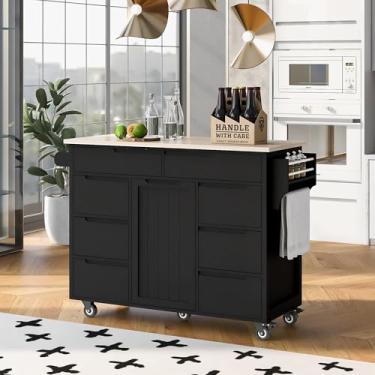 Imagem de Kacenray Ilha de armazenamento móvel de cozinha, carrinho de armazenamento moderno com armário, suporte para temperos e toalhas, bancada de madeira de borracha, gavetas sem alças, ideal para