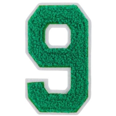 Imagem de 1 peça de adesivos de números de chenille verde de 10 cm, adesivos de ferro para chapéus, bolsas, mochilas, jeans, par com letras universitárias grandes iniciais, acessórios DIY (verde 9)