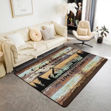 Imagem de Erosebridal Tapete de área de acampamento Happy Camping, 12 x 18 cm, para trailer, retrô, tábua de madeira, fazenda, montanha, marrom, azul, celeiro antigo, sala de aventura, antiderrapante, para