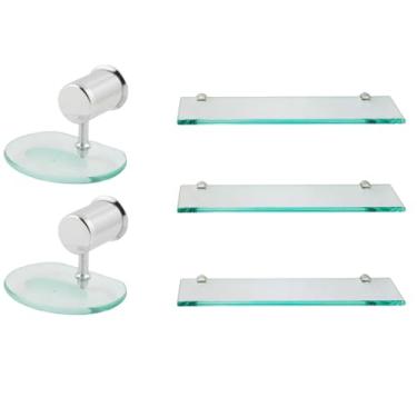 Imagem de Kit 3 Porta Shampoo de Vidro Incolor 30cm com 2 Saboneteiras Oval, Base Cromada, Vidro 8mm, para Banheiro e Lavabo