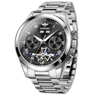 Imagem de OUPINKE Relógio de pulso automático, cristal de safira, calendário, esqueleto, luminoso, mostrador 3D com pulseira de aço de tungstênio de luxo à prova d'água 5 ATM (preto-3281)