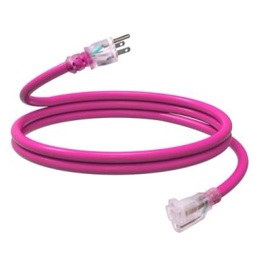 Imagem de EP Cabo de extensão externo de 1,8 m com extremidade iluminada, cabo de extensão resistente SJTW calibre 12/3 com plugue aterrado de 3 pinos, 15AMP 1875W 12AWG, rosa, listado pela UL