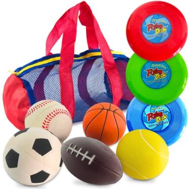 Imagem de Toysery Conjunto de bolas esportivas de espuma com bolsa de transporte – Inclui futebol, bola de tênis, basquete, beisebol, kickball e 3 discos Fresbee – Bolas macias para crianças e crianças de 1 a 3