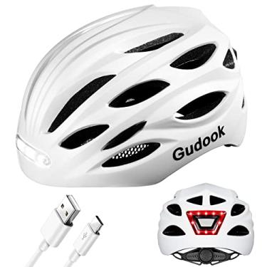 Imagem de Gudook Capacete de bicicleta capacete adulto para homens/mulheres: com luz LED frontal e traseira recarregável por USB para ciclismo Urban Commuter Casco para bicicleta capacete leve (branco fosco