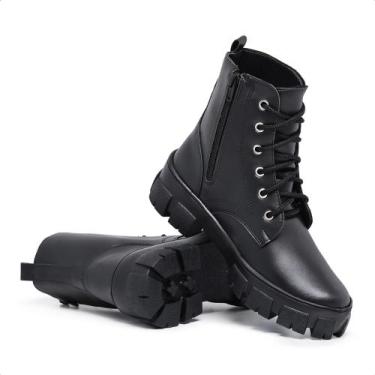 Imagem de Bota Coturno Feminino Cano Curto Preto Militar Zíper Salto Confortável