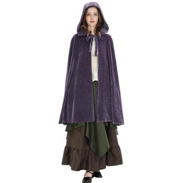 Imagem de LSYYSKB Fantasia medieval com capuz, capa com capuz renascentista, capa vintage, bruxa, feiticeiro, dia das bruxas, fantasia extravagante de Halloween, roxo, M