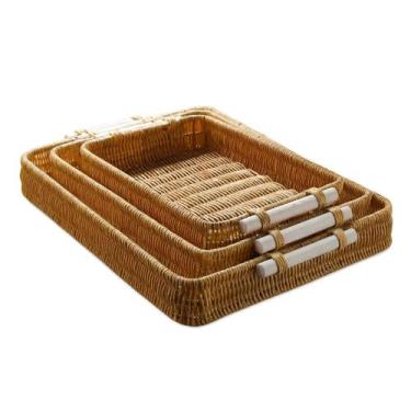 Imagem de Kit 3 Bandejas Fruteira Decorativa de Servir Plástico Vime Madeira Red