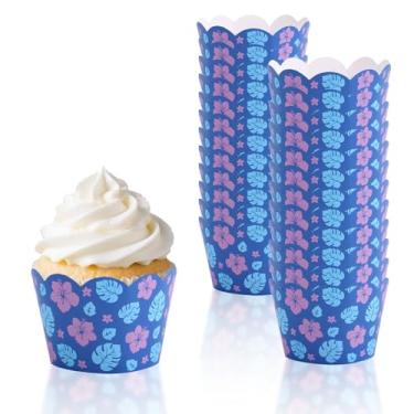 Imagem de SAVITA 24 Unidades Embalagens Cupcakes Havaianas, Forros Cupcakes Tropicais Flores e Folhas Embalagens com Tema Tropical para Decoração Bolo Festa com Tema Havaiano Aniversário